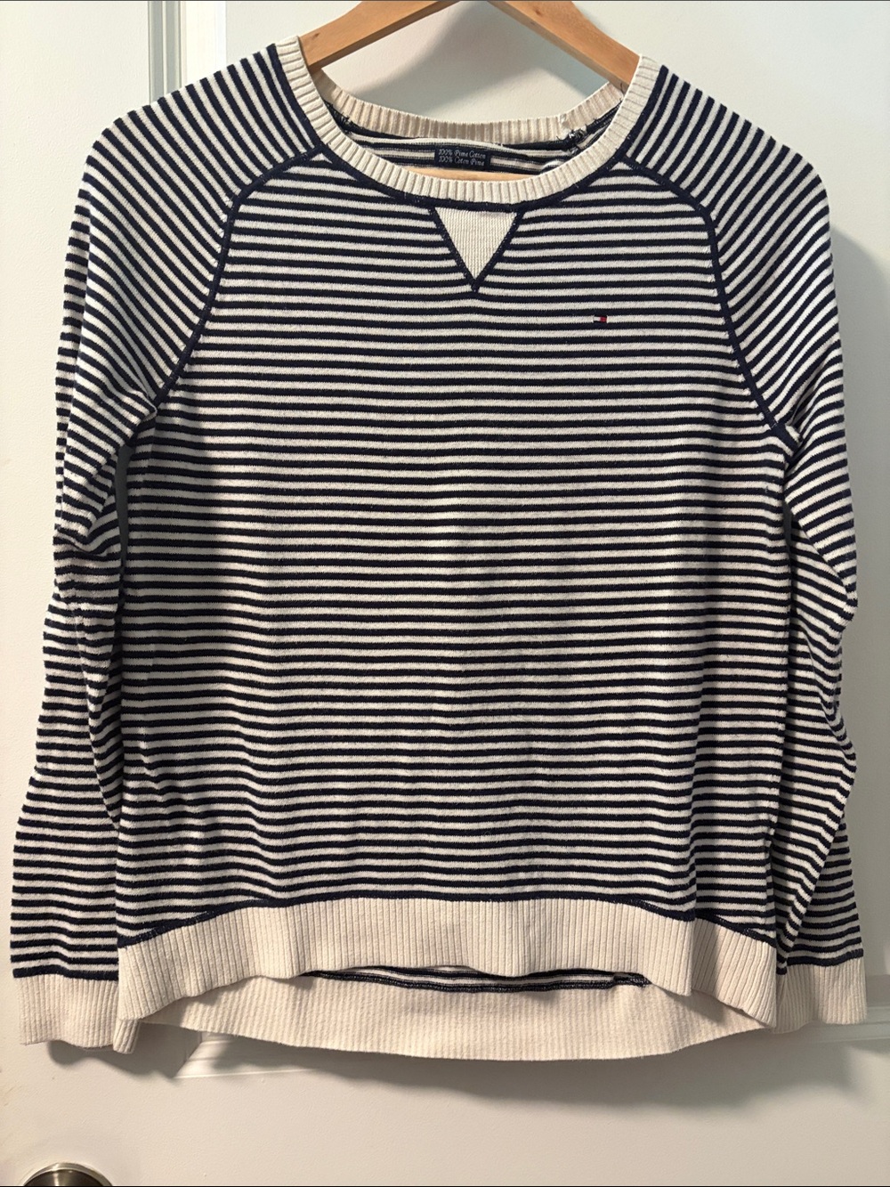 Tommy Hilfiger Navy and White Striped Crewneck Sweater 100% Prima Cotton